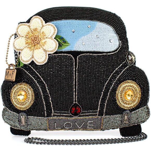 Handbags - Whimsical Car-Shaped Crossbody Handbag Black with Beaded Flower and Rhinestone H